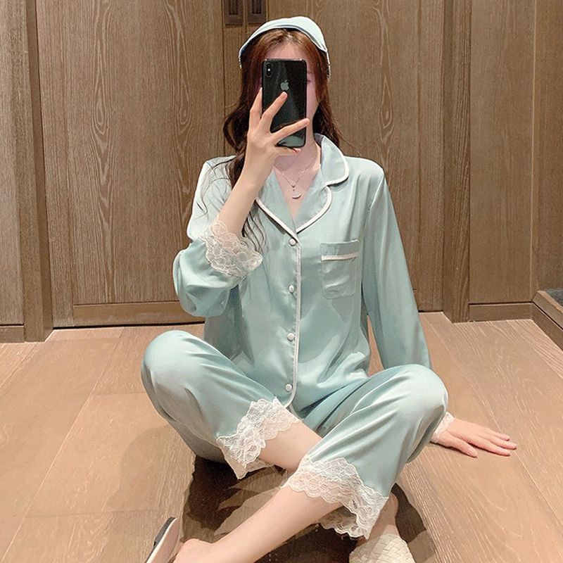 冰絲睡衣女春秋季網紅風大碼長袖套裝新款ins風夏天可外穿家居服