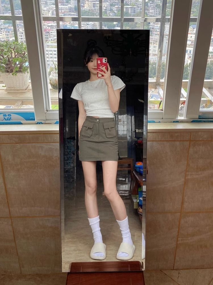 美式復古軍綠色高腰工裝半身裙女大碼夏季顯瘦百搭a字包臀牛仔裙