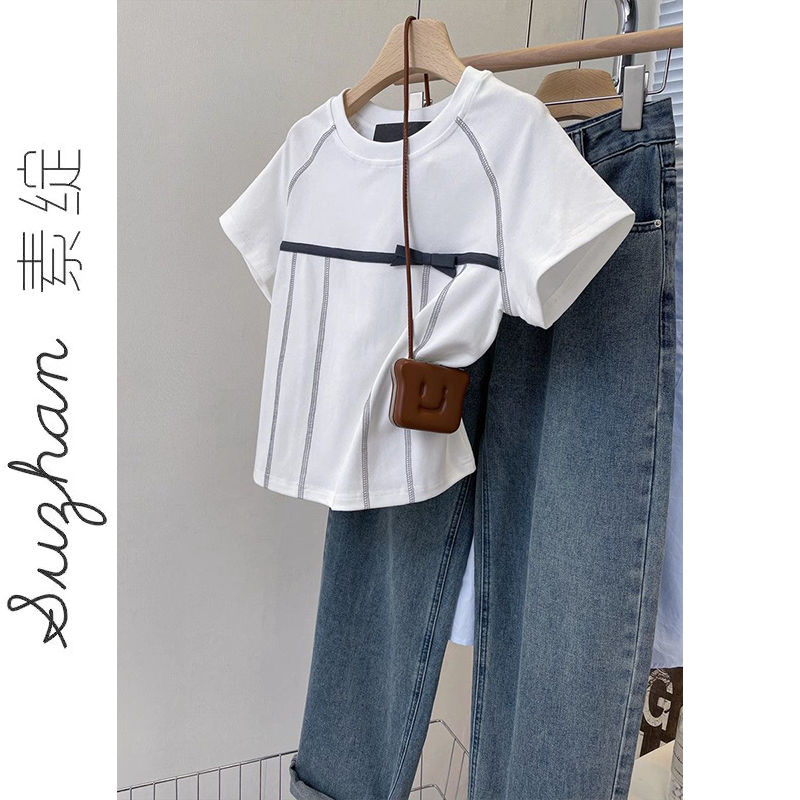 甜辣小個子短款立體蝴蝶結T恤女夏季修身設計感別別致短袖上衣ins