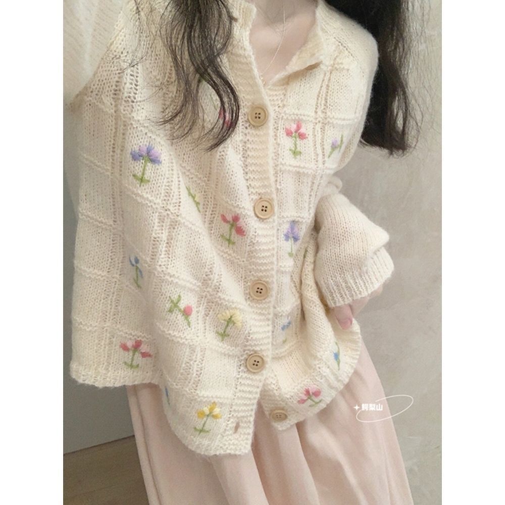 秋季日系復古慵懶風刺繡毛衣女設計感小香風刺繡花朵針織開衫外套