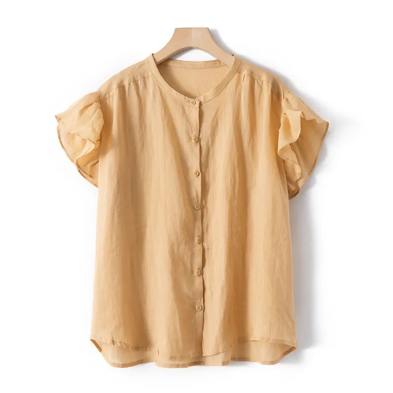 欧货夏季新款透气轻薄上衣纯色圆领单排扣休闲女式荷叶袖洋气衬衫