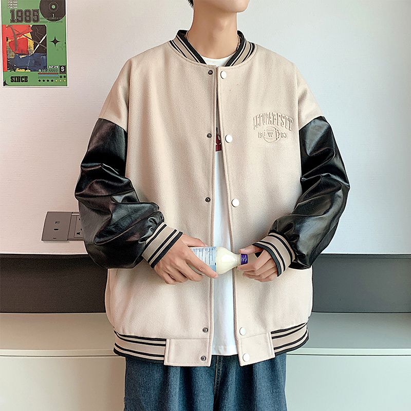 夾克男士外套春秋棒球衣服港風潮流2023新款圓領牛仔休閒秋裝男裝