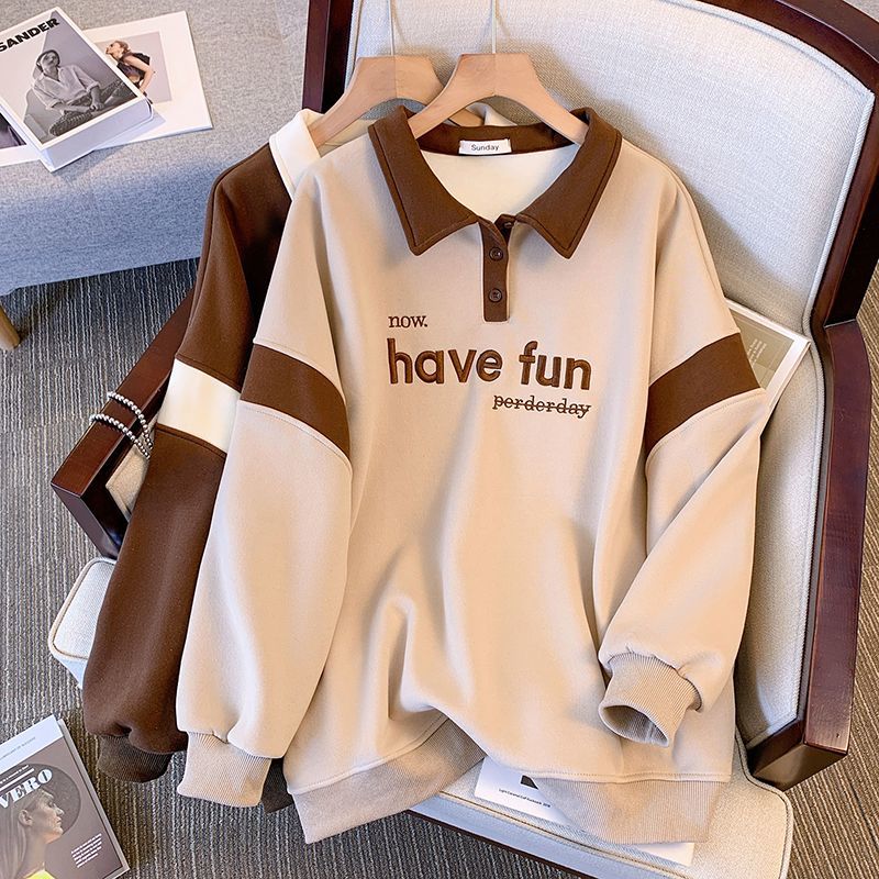 Fat Girl Large Size 2-300 Jin Spring, Autumn and Winter Plus Velvet Thickened Fashionable Top Loose Polo Neck Sweatshirt