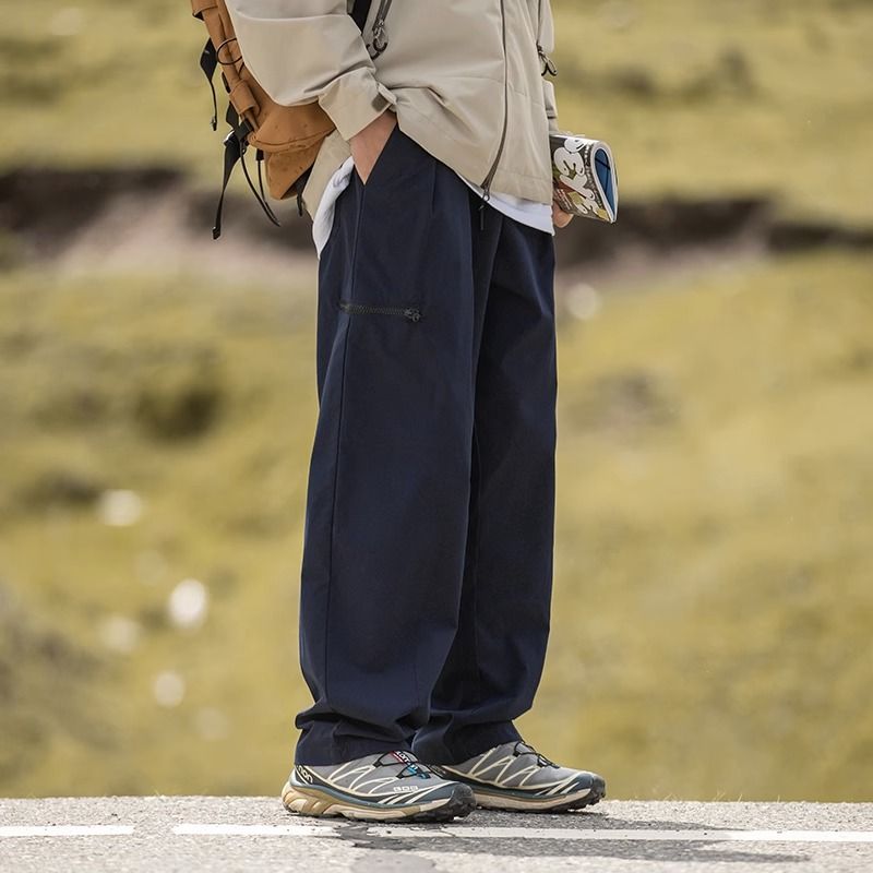 戶外山系工裝褲子男款秋季日系isn潮牌拉鏈長褲深藍色速干登山褲