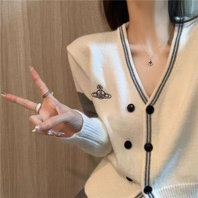 韓版撞色V領設計針織開衫女2023秋季學院風通勤百搭外套刺繡上衣