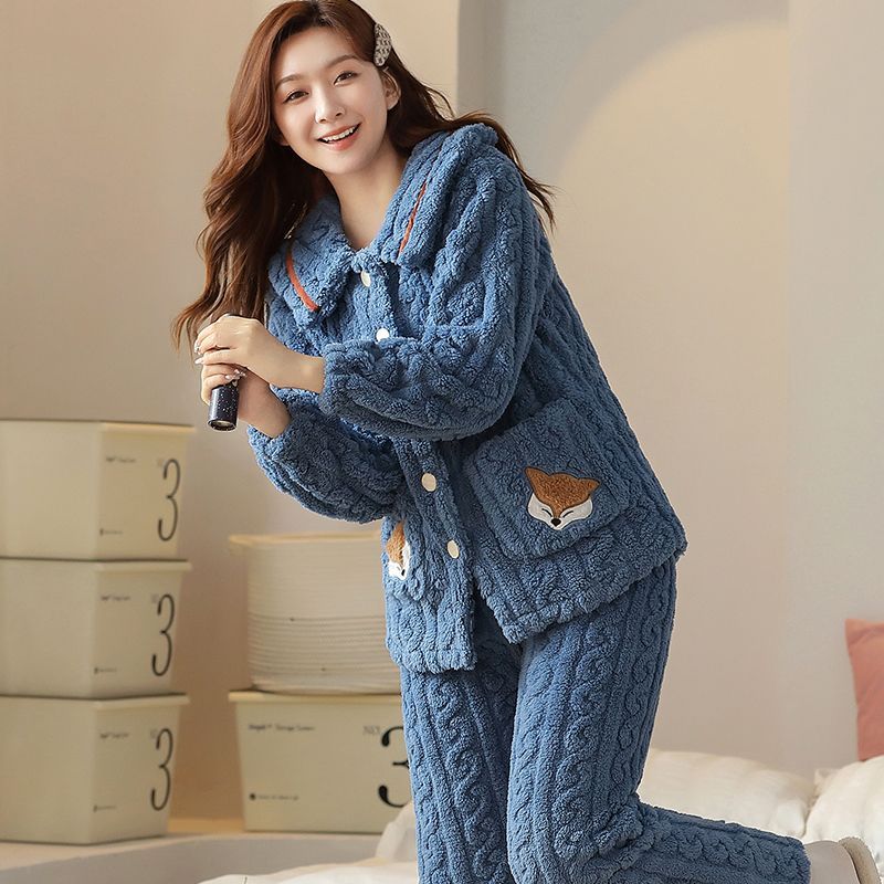 冬天珊瑚絨睡衣女加厚加絨甜美可愛保暖女士大碼秋冬季家居服套裝