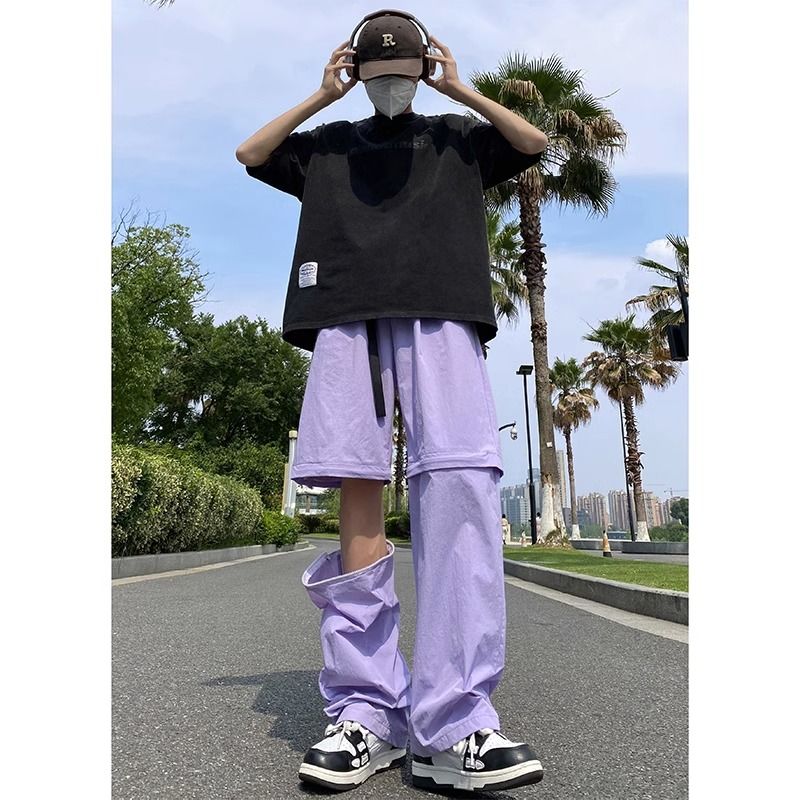 可拆卸兩穿褲子男夏季薄款速干美式高街機能直筒寬鬆紫色工裝褲女
