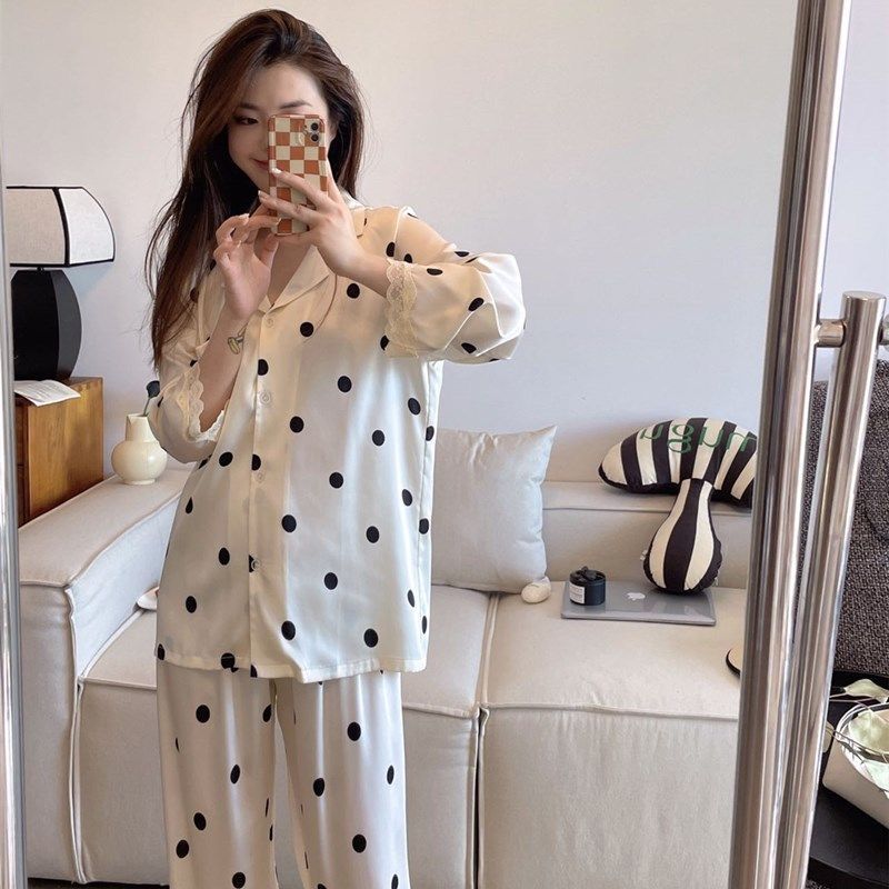 波點睡衣女春秋月光絲網紅長袖可外穿2023年牛乳啵啵家居服套裝