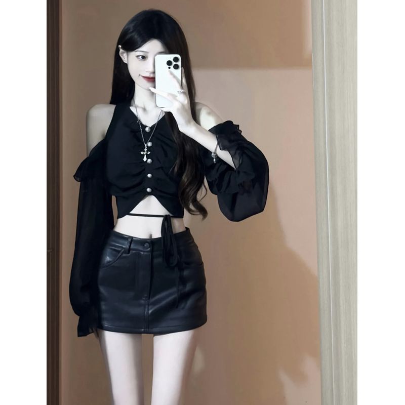 套裝女2023夏季新款甜辣風設計感小個子短款襯衫上衣高腰辣妹皮裙