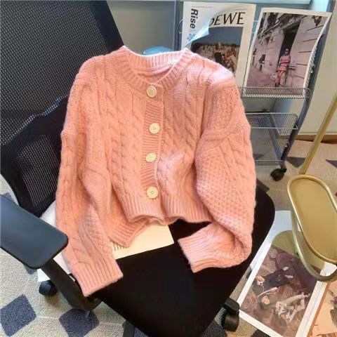 溫柔風糖果色短款麻花毛衣外套女2023秋冬新款寬鬆圓領針織開衫潮