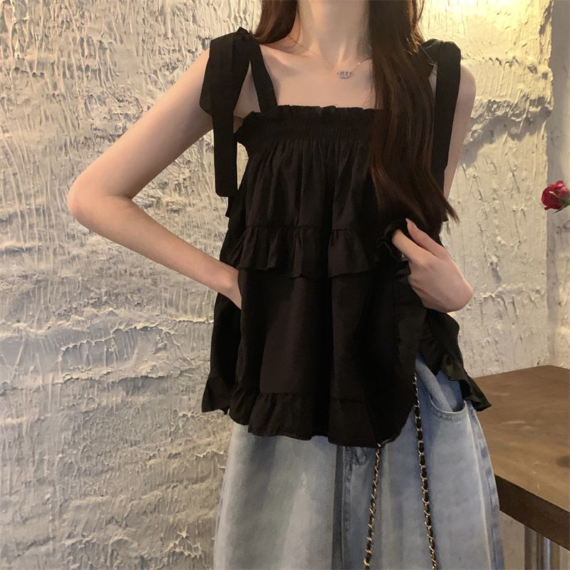 Fungus-edged bow-tie camisole for women, loose sleeveless short cake top for outer wear design