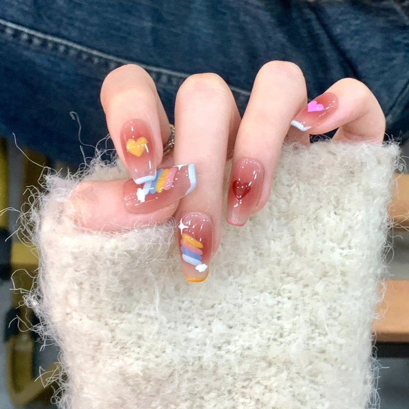【Nail家】水蜜桃彩虹~手繪小愛心腮紅美甲小紅書同款顯白穿戴甲