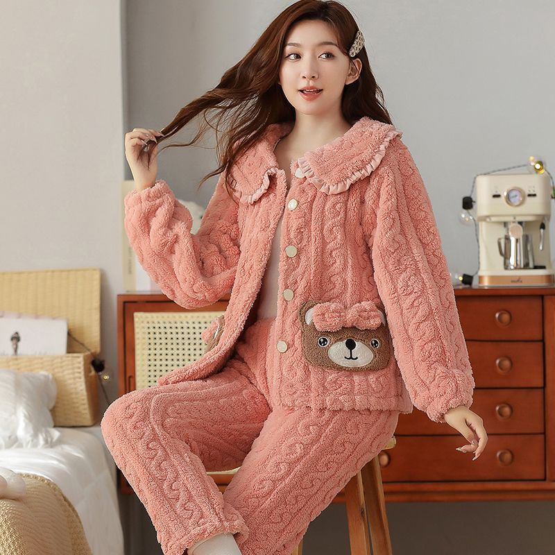 珊瑚絨睡衣女卡通冬季加絨加厚韓版女學生寬鬆冬天大碼家居服套裝