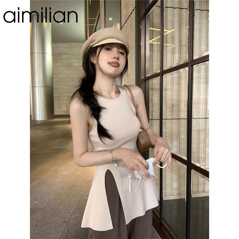 aimilian純欲風甜辣妹針織小吊帶背心女夏季外穿修身開叉無袖上衣