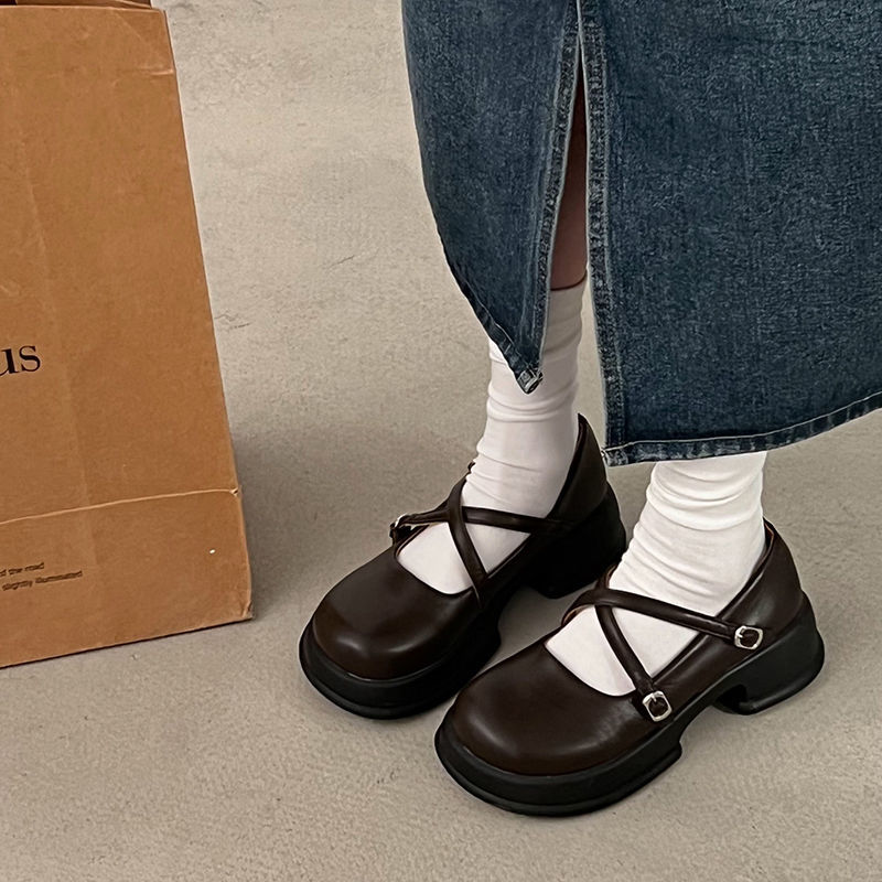 棕色復古百搭厚底小皮鞋女春秋2023新款淺口粗跟法式瑪麗珍單鞋子