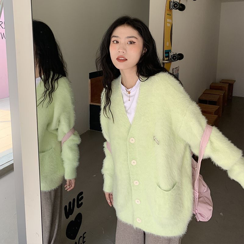 奶系甜美水貂絨毛衣外套女秋冬季韓版溫柔寬鬆軟糯小個子針織開衫