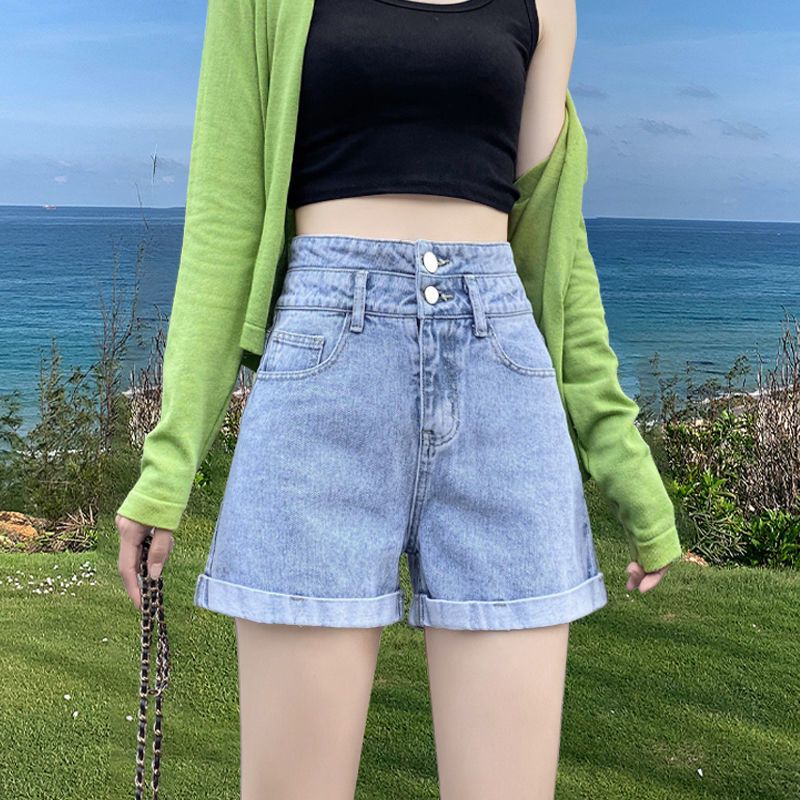 韓版新款高腰牛仔短褲女夏季學院薄款百搭寬鬆顯瘦翻邊闊腿a字型