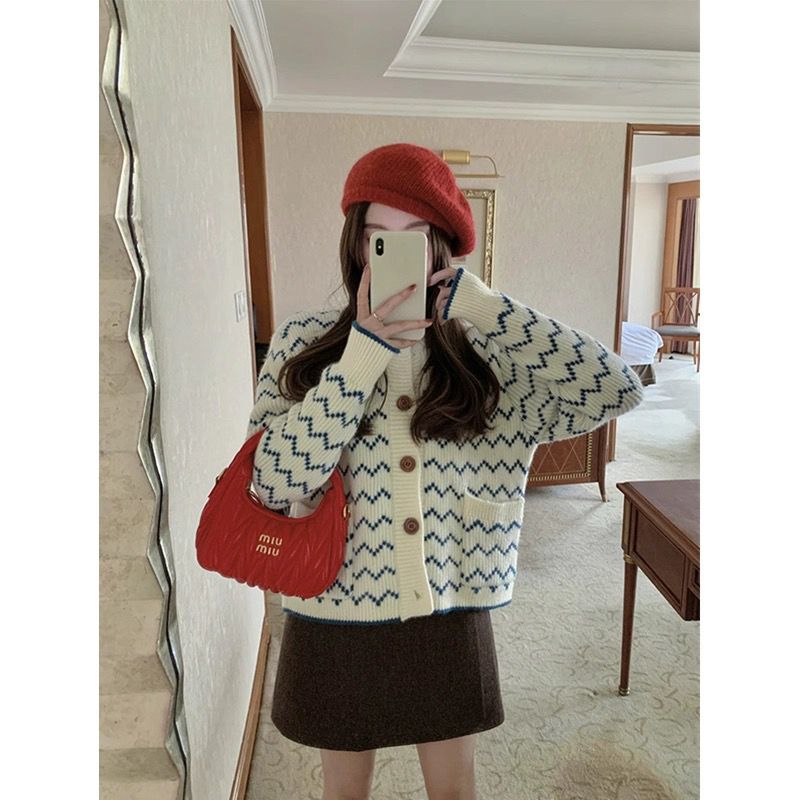 藍白波浪條紋針織毛衣開衫女小個子秋季新款設計感寬鬆慵懶風上衣