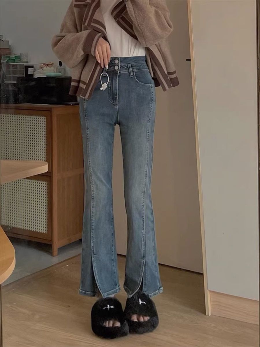 大碼女裝開叉微喇牛仔褲女春秋新款高腰彈力顯瘦小個子直筒九分褲