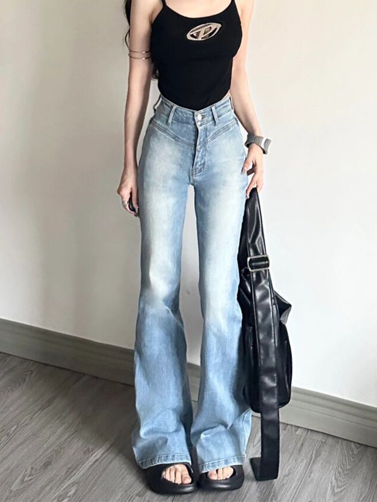 淺色辣妹微喇叭牛仔褲女秋季新款高腰緊身顯瘦百搭直筒拖地褲子潮