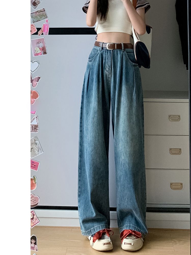 復古闊腿牛仔褲女夏天薄款寬鬆顯瘦垂感大碼胖MM高腰直筒拖地褲子