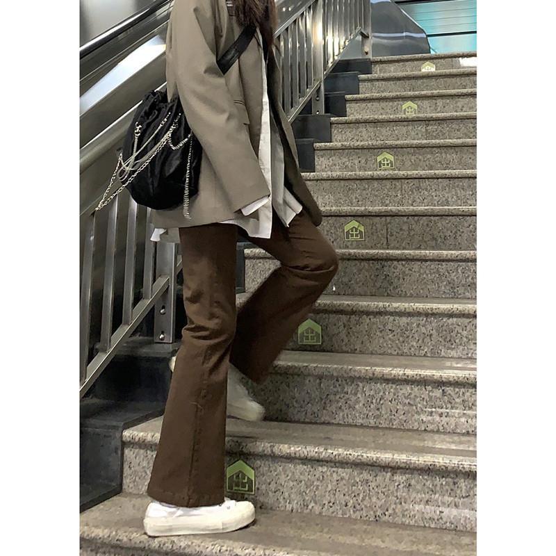 微喇叭長褲女深棕色大碼牛仔褲女胖mm彈力高腰顯瘦梨型身材喇叭褲