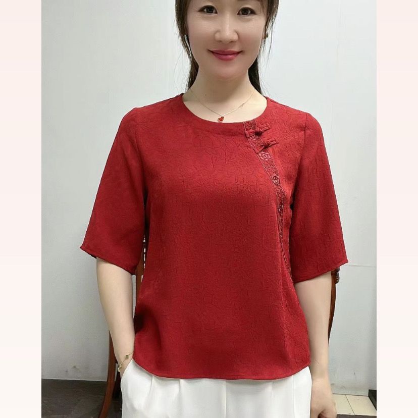 保真桑蠶絲雙盤扣上衣女夏季新款復古媽媽小衫中老年寬鬆遮肚襯衫
