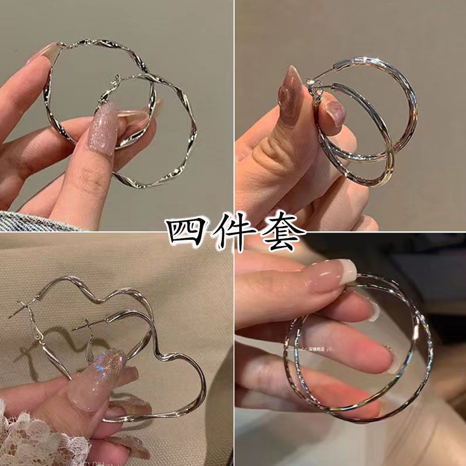 大號銀色耳圈氣質獨特麻花耳環2023新款耳釘小眾設計高級感耳飾女