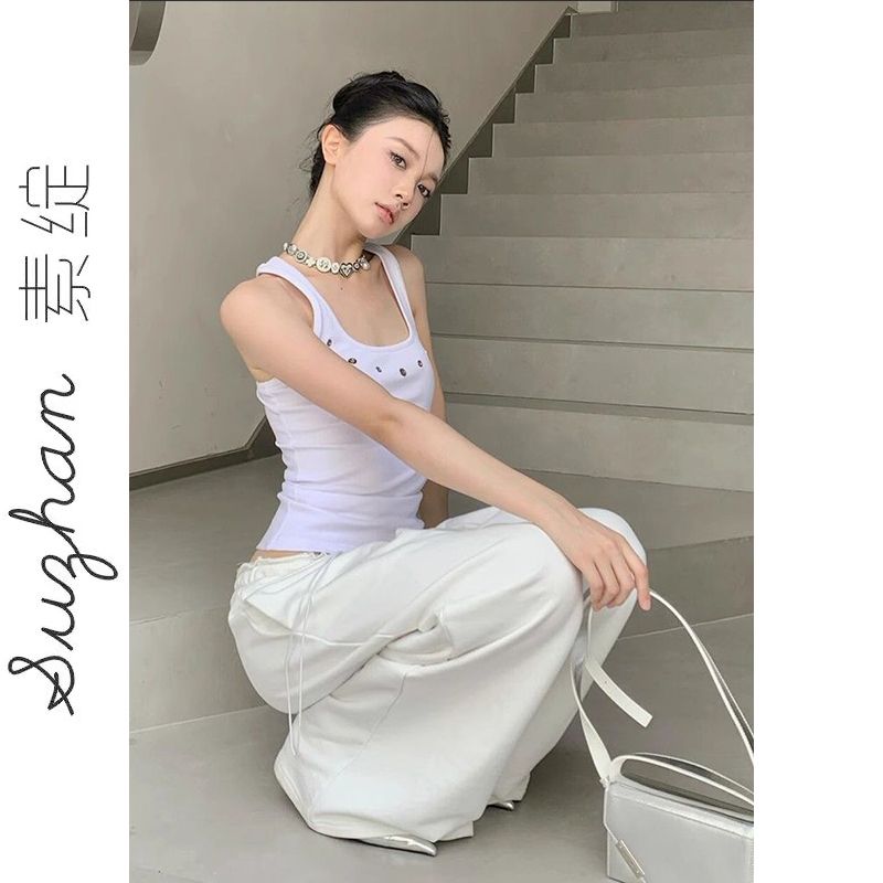 鏤空U型領甜酷女生吊帶外穿背心韓版新款白色運動休閒高級感上衣