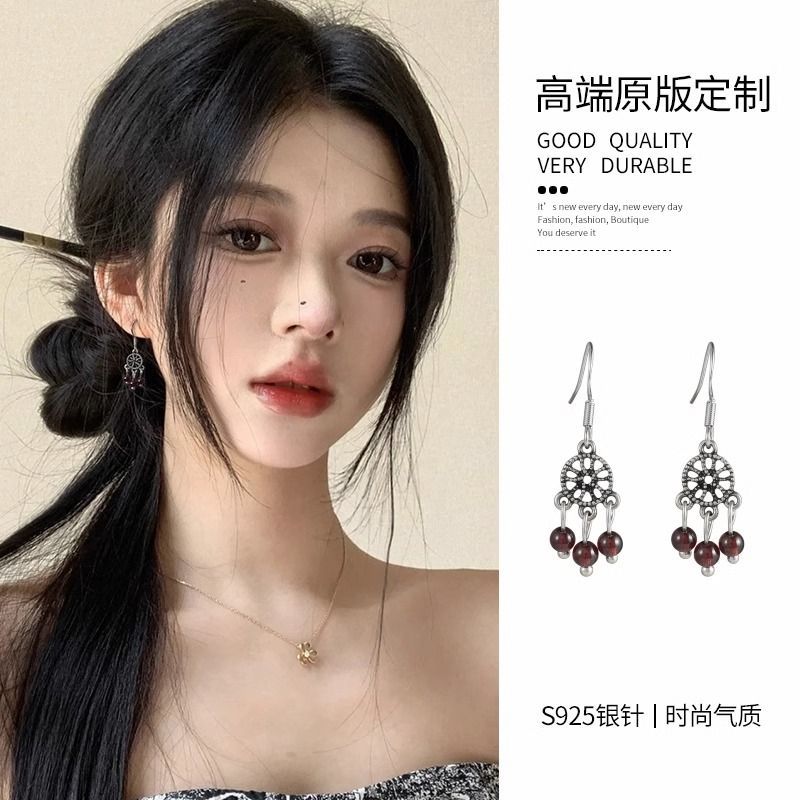 復古民族風石榴石耳環新中式吊墜耳夾無耳洞女蚊香盤高級感耳飾女