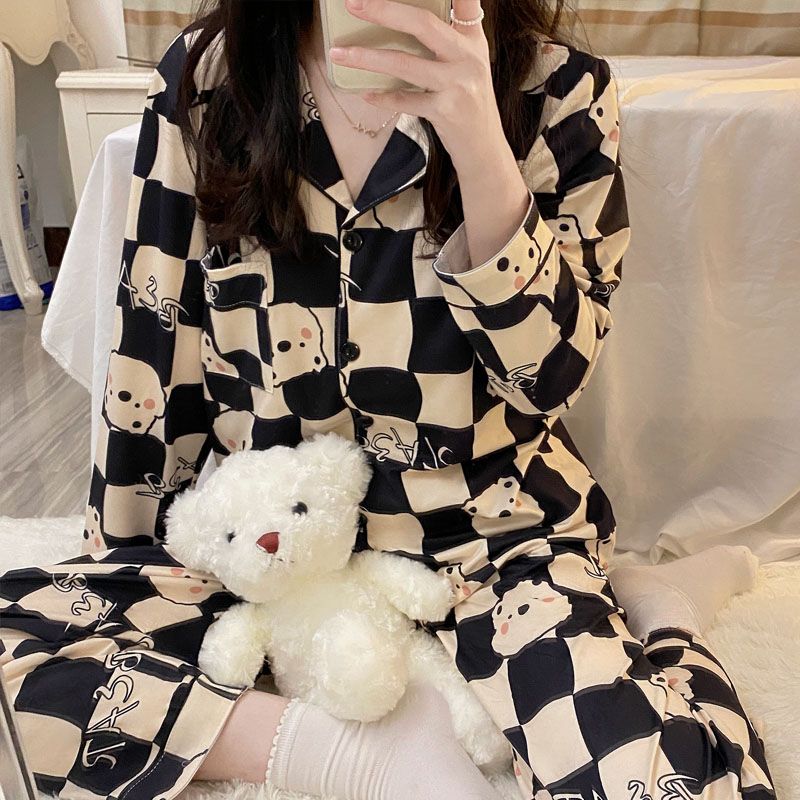 睡衣女春秋款純棉長袖學生可愛大碼家居服夏季2024年新款兩件套裝