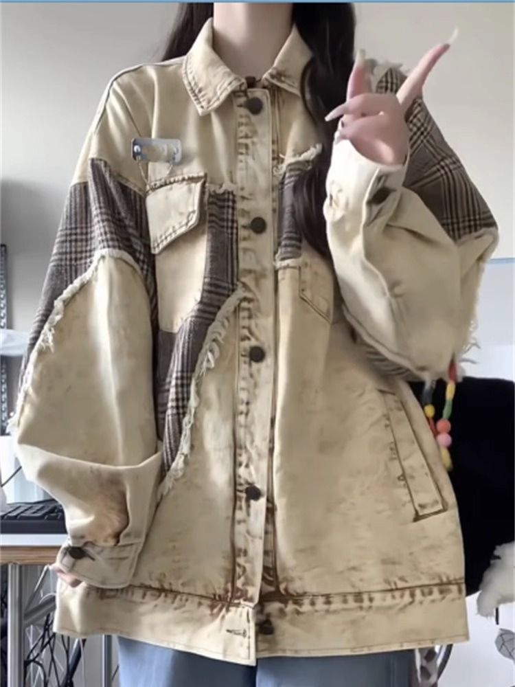 美式復古卡其色拼接做舊毛邊牛仔外套女春秋新款寬鬆百搭上衣夾克
