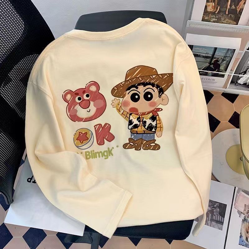American retro trendy printed autumn clothing for boys and girls 2023 new medium and large children's pure cotton long-sleeved T-shirts, versatile and loose