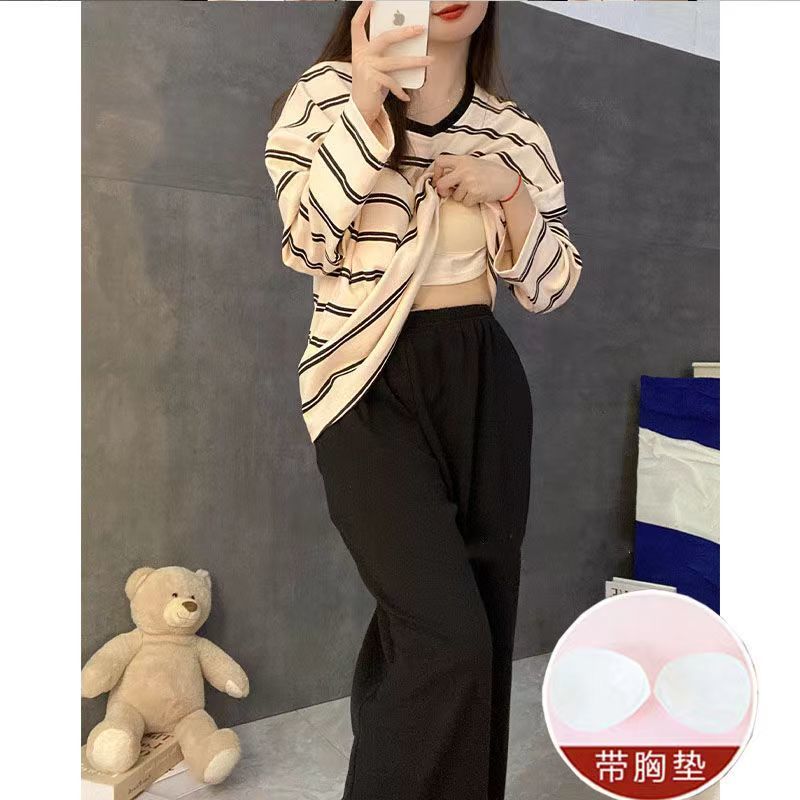 2023年新款睡衣女款春秋季棉質條紋長袖春夏寬鬆可外穿家居服套裝