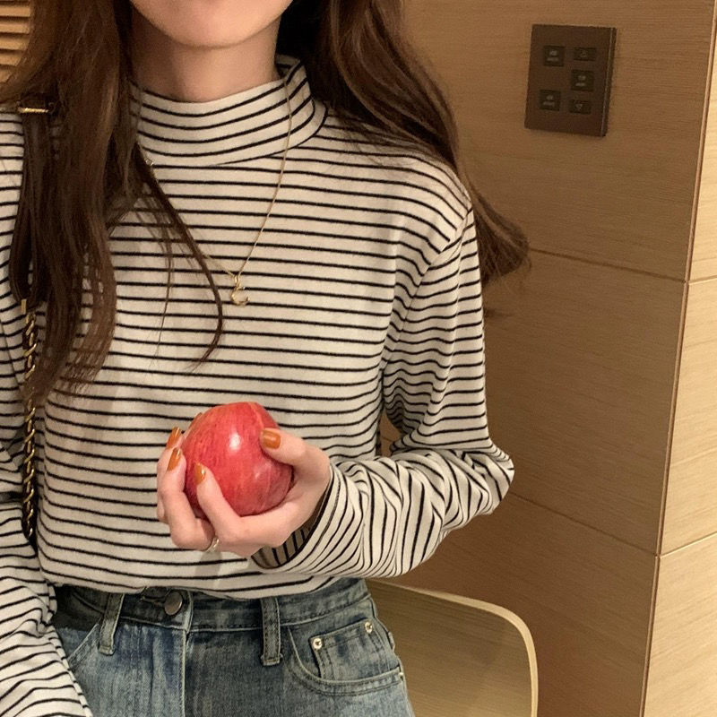 條紋高領打底衫女春秋冬加絨寬鬆大碼胖妹妹顯瘦外穿長袖上衣潮