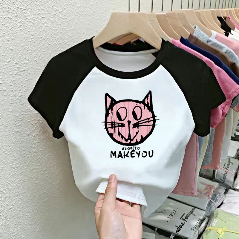 Pure cotton girls short-sleeved T-shirt summer  new children's tops fashion contrasting color T-shirt girls trendy half-sleeved