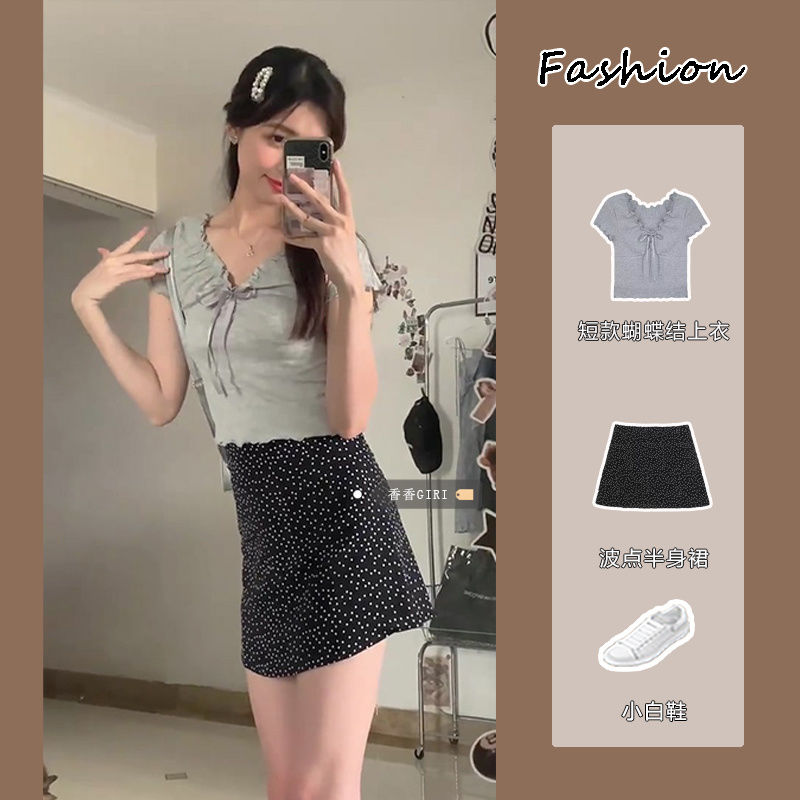 甜美風修身波點包臀裙套裝女夏短款蝴蝶結上衣收腰辣妹碎花半身裙