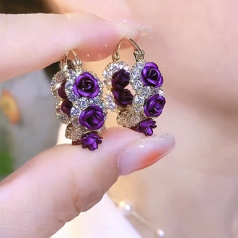 紫色玫瑰花圓圈耳扣女小眾設計感浪漫氣質耳環高級感時髦洋氣耳飾