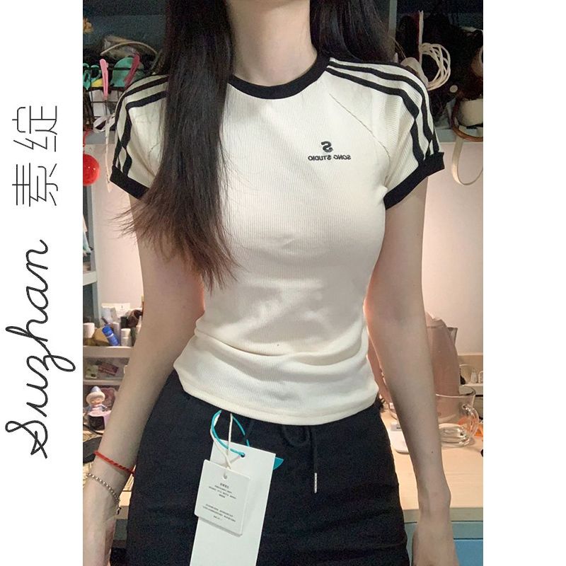 復古條紋時尚韓版運動休閒上衣女夏季外穿百搭撞色拼接打底衫T恤