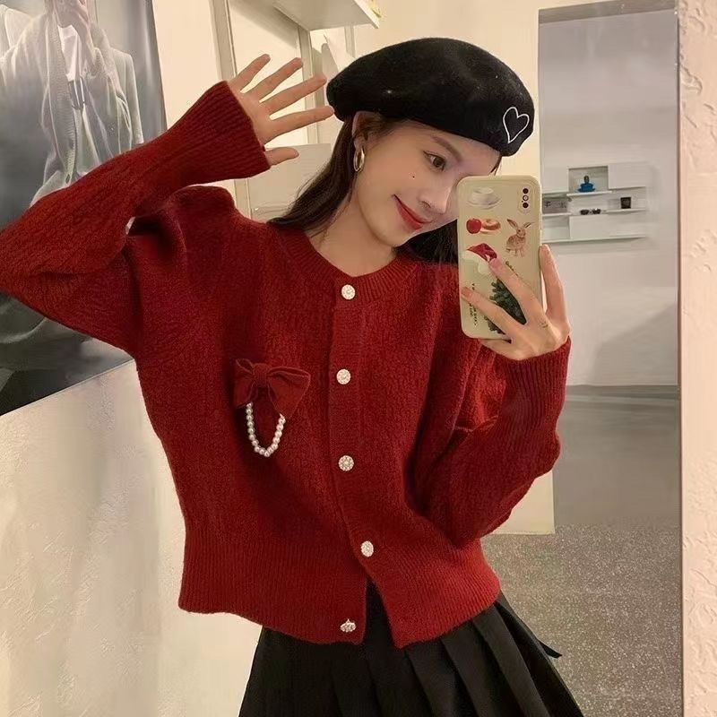 氣質甜美圓領毛衣開衫蝴蝶結珍珠別針設計感法式小香風針織衫外套