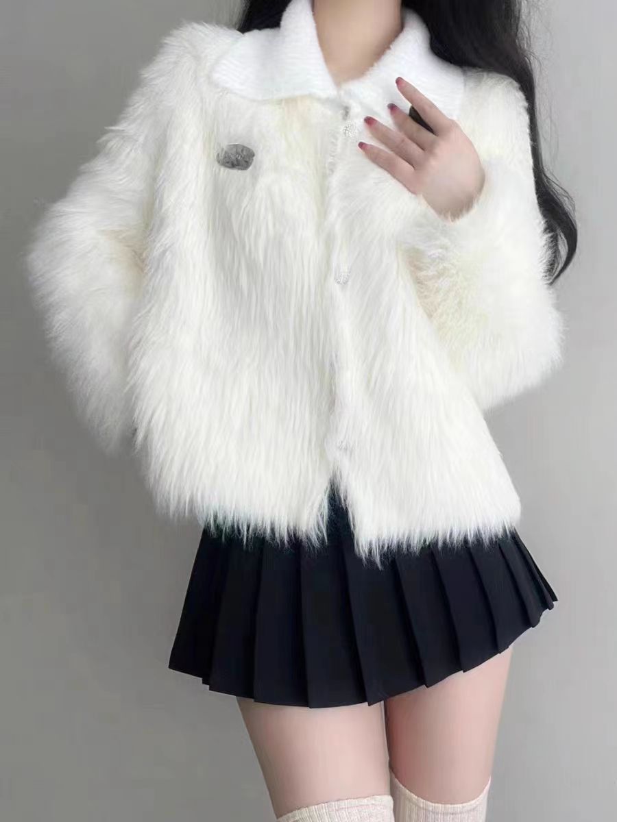 PROMONE仿貂絨高級感毛衣外套女秋冬加厚寬鬆短款POLO領開衫上衣