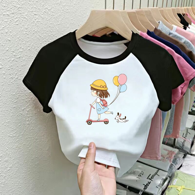 Pure cotton girls short-sleeved T-shirt summer  new children's tops fashion contrasting color T-shirt girls trendy half-sleeved