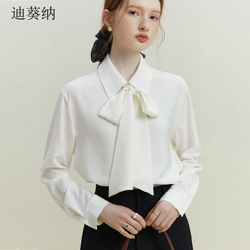 迪葵納設計感襯衫女高級感氣質飄帶職業正裝內搭垂順抗皺緞面上衣