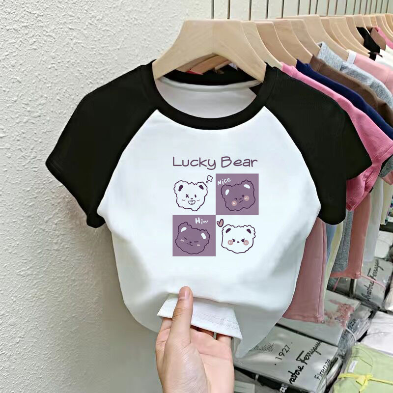 Pure cotton girls short-sleeved T-shirt summer  new children's tops fashion contrasting color T-shirt girls trendy half-sleeved