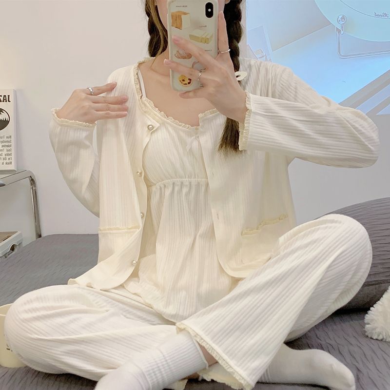 睡衣女春秋款長袖性感吊帶三四件套裝高級感純棉薄款秋冬季家居服