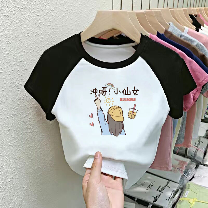 Pure cotton girls short-sleeved T-shirt summer  new children's tops fashion contrasting color T-shirt girls trendy half-sleeved