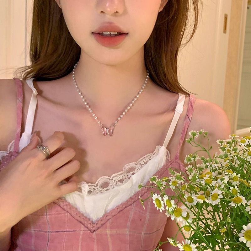 ins新款夏季水晶蝴蝶珍珠項鍊女2023年新款爆款輕奢小眾鎖骨鏈