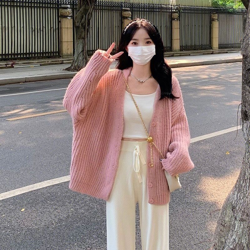 毛衣外套女2023秋冬季慵懶寬鬆軟糯加厚V領針織開衫韓系ins風穿搭