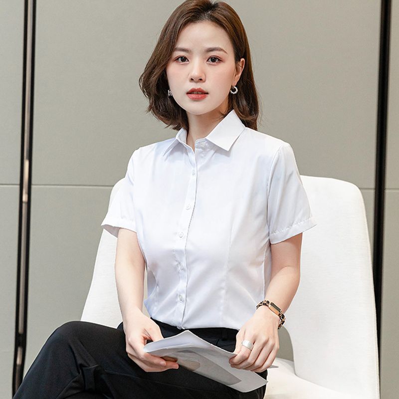 夏季工装蓝色衬衫女学生长短袖白衬衣面试工作服韩版休闲职业正装