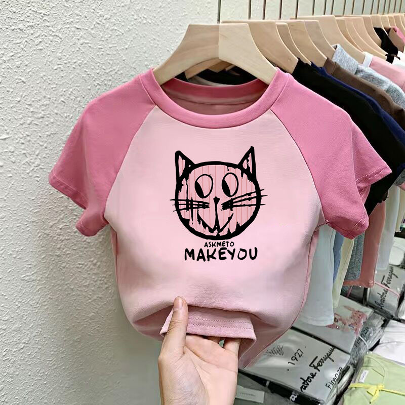 Pure cotton girls short-sleeved T-shirt summer  new children's tops fashion contrasting color T-shirt girls trendy half-sleeved